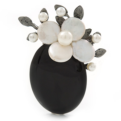Handmade Black Oval Resin with Mother Of Pearl Floral Detailing Brooch/ Pendant In Pewter Tone - 60mm L - main view