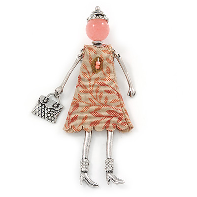 Pink/ Beige Doll Brooch In Silver Tone Metal - 95mm L - main view