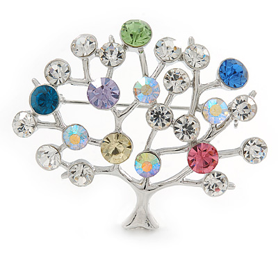 Multicoloured Crystal 'Tree Of Life' Brooch In Rhodium Plating - 50mm - main view