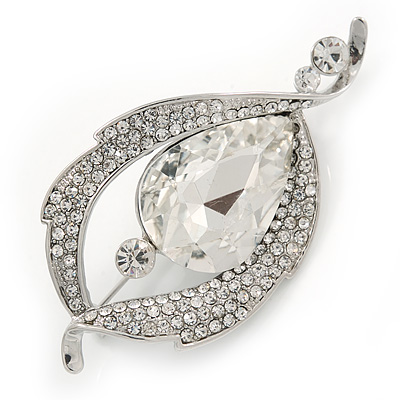 Clear Glass Stone Leaf Brooch In Rhodium Plated Metal - 60mm L - main view