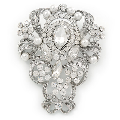 Bridal/ Wedding Clear Austrian Crystal, White Glass Pearl Corsage Brooch In Rhodium Plating - 65mm L - main view