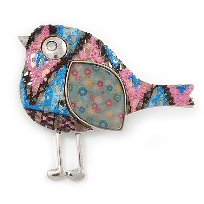 Funky Multicoloured Fabric, Sequin Sparrow Brooch In Silver Tone - 60mm - main view