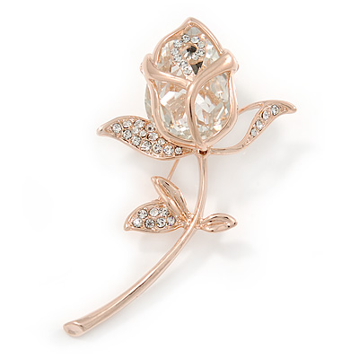 Exquisite Clear Austrian Crystal, Cz Rose Brooch In Gold Plated Metal - 70mm L - main view