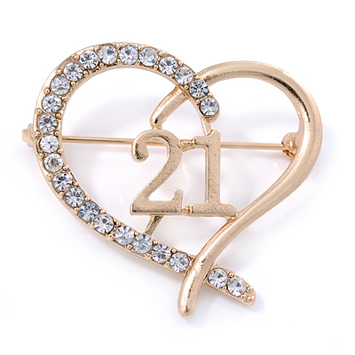 Gold Plated Clear Crystal Open Cut Heart ''21'' Brooch - 35mm W - main view