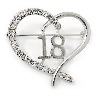 Rhodium Plated Clear Crystal Open Cut Heart ''18'' Brooch - 35mm W - main view