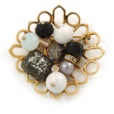 Black, Grey, White Glass, Resin Bead Floral Handmade Brooch In Gold Tone - 45mm L - main view
