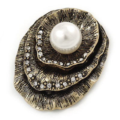 Vintage Inspired Textured, Crystal 'Shell' with Pearl Brooch In Antique Gold Metal - 45mm L - main view