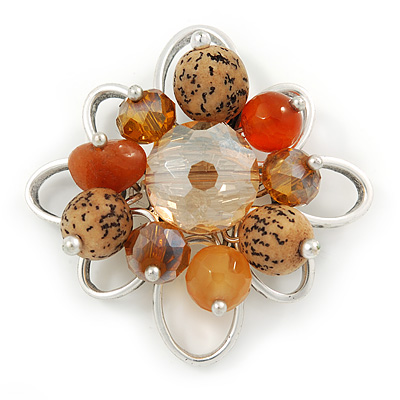 Orange, Brown Glass, Resin Bead Floral Handmade Brooch In Silver Tone - 40mm L - main view