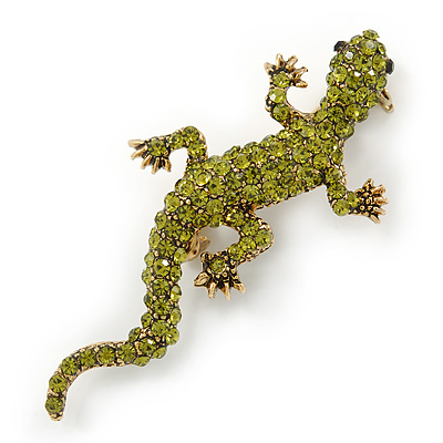 Olive Green Austrian Crystal Lizard Brooch In Gold Tone - 50mm L - main view