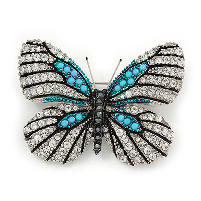 Black, Clear Austrian Crystal with Light Blue Bead 'Zebra' Butterfly Brooch In Rhodium Plating - 50mm L - main view