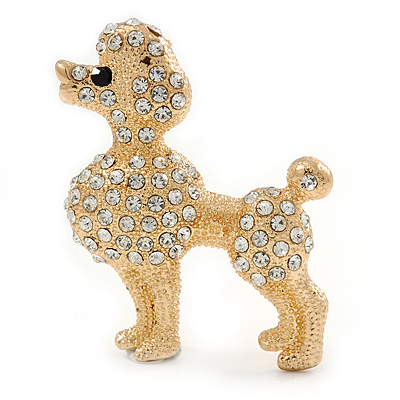 Gold Plated Clear Crystal Poodle Dog Brooch - 40mm Width - main view