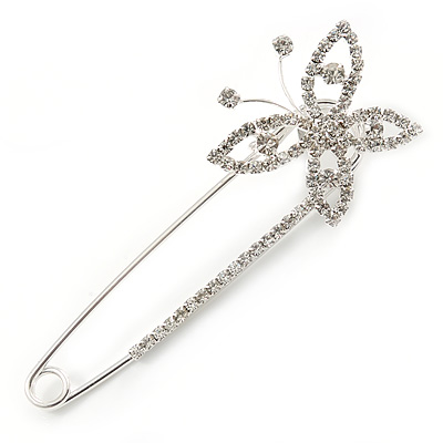 Rhodium Plated Crystal Butterfly Safety Pin Brooch - 85mm L
