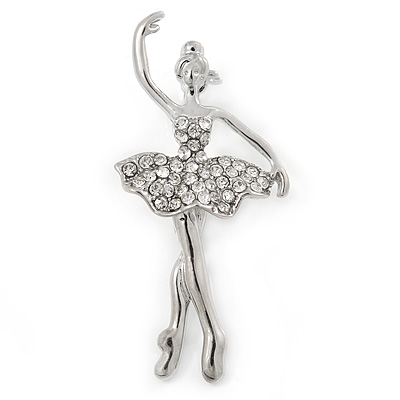 Rhodium Plated Clear Crystal Ballerina Brooch - 50mm L - main view
