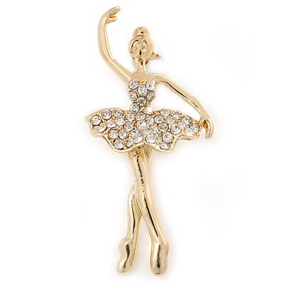 Gold Plated Clear Crystal Ballerina Brooch - 50mm L - main view