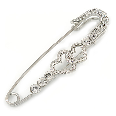Rhodium Plated, Clear Crystal Double Heart Safety Pin Brooch - 78mm L