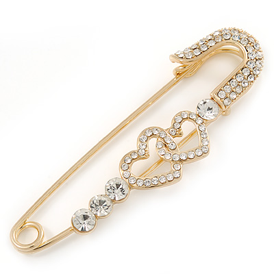 Gold Plated, Clear Crystal Double Heart Safety Pin Brooch - 78mm L - main view