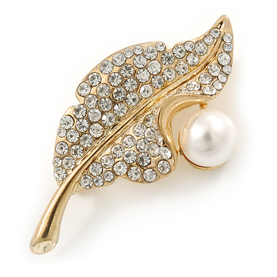Classic Crystal, Pearl Leaf Brooch In Gold Plating - 50mm L