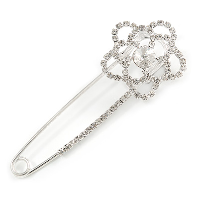 Rhodium Plated Clear Crystal Open Cut Flower Safety Pin Brooch - 80mm L - main view