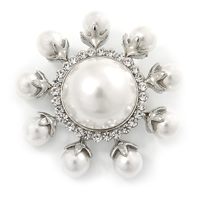 Rhodium Plated White Glass Pearl, Crystal Sunflower Brooch - 45mm Across - main view