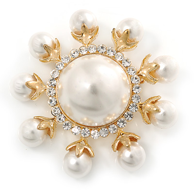 Gold Plated White Glass Pearl, Crystal Sunflower Brooch - 45mm Across - main view