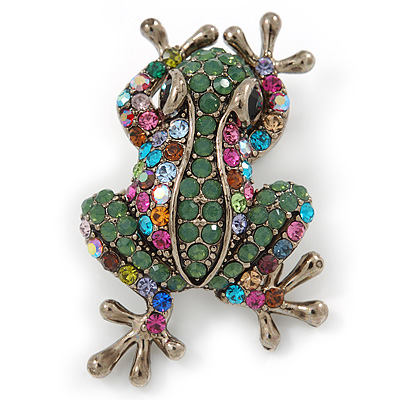 Vintage Inspired Multicoloured Austrian Crystal Frog Brooch In Antique Gold Tone - 35mm L - main view