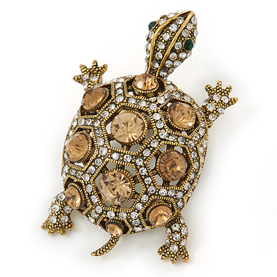 Vintage Inspired Clear/ Citrine Austrian Crystals Turtle Brooch In Antique Gold Metal - 55mm L