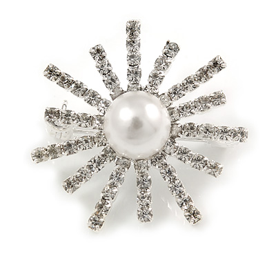 Small Clear Crystal, White Glass Pearl Snowflake Brooch In Rhodium Plating - 28mm D