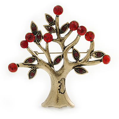 Vintage Inspired Siam Red Crystal Tree Brooch In Antique Gold Tone Metal  - 75mm L - main view