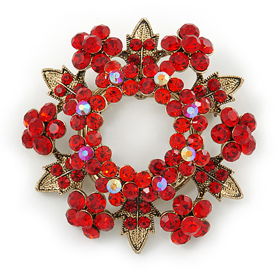 Siam Red Crystal Wreath Brooch In Antique Gold Tone - 50mm D