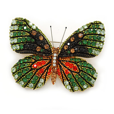 Pale Gree/ Emerald Green/ Orange/ Black  Austrian Crystal Butterfly Brooch In Gold Tone - 50mm W - main view