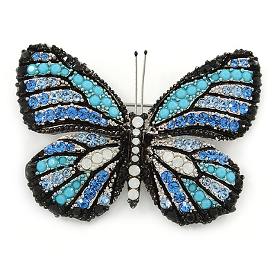 Black/ Sky Blue/ Violet Blue/ Milky White Austrian Crystal Butterfly Brooch In Silver Tone - 50mm W - main view