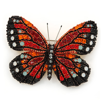 Black/ Orange/ Red/ Milky White Austrian Crystal Butterfly Brooch In Gold Tone - 50mm W - main view