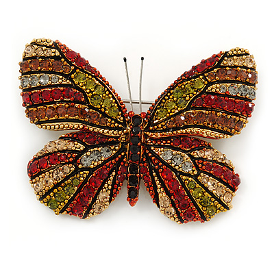 Olive/ Orange/ Red/ Black Austrian Crystal Butterfly Brooch In Gold Tone - 50mm W - main view