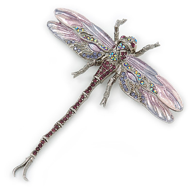 Lavender/ Purple/ Pink Enamel Austrian Crystal Dragonfly Brooch/ Pendant With Moving Tail In Silver Tone Metal - 85mm L - main view