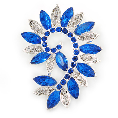 Large Sapphire Blue/ Clear Corsage Brooch In Silver Tone Metal - 65mm L - main view