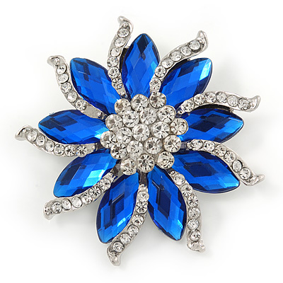 Sapphire Blue/ Clear Crystal Flower Corsage Brooch In Silver Tone - 55mm D