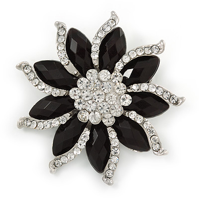 Black/ Clear Crystal Flower Corsage Brooch In Silver Tone - 55mm D - main view