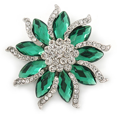 Green/ Clear Crystal Flower Corsage Brooch In Silver Tone - 55mm D - main view