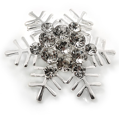 Silver Tone Crystal Snowflake Brooch - 47mm D