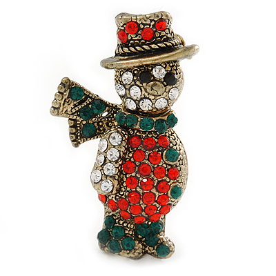 Vintage Inspired Christmas Crystal 'Snowman' Brooch In Antique Gold Tone Metal - 35mm L - main view
