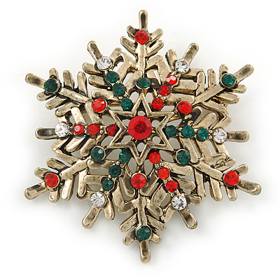 Avalaya Vintage Inspired Red/Green/ Clear Crystal Christmas Tree Brooch in Antique Gold Tone Metal 43mm L