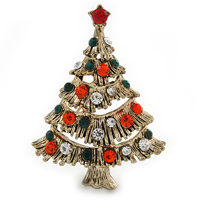 Vintage Inspired Red/ Green/ Clear Crystal Christmas Tree Brooch In Antique Gold Tone Metal - 43mm L - main view