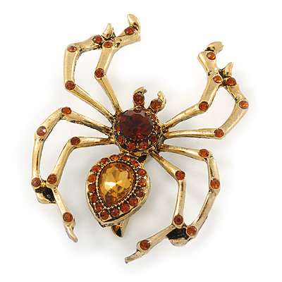 Vintage Inspired Amber Crystal Spider Brooch In Antique Gold Tone Metal - 50mm L - main view