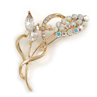 Clear/ AB Crystal Floral Brooch In Gold Plating - 65mm L - main view
