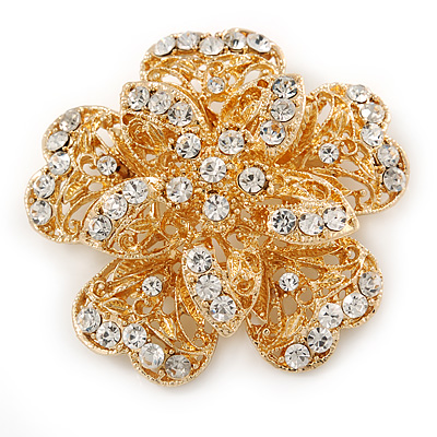 Bridal/ Wedding/ Prom 3D Clear Crystal, Filigree Flower Brooch In Gold Tone - 53mm D - main view