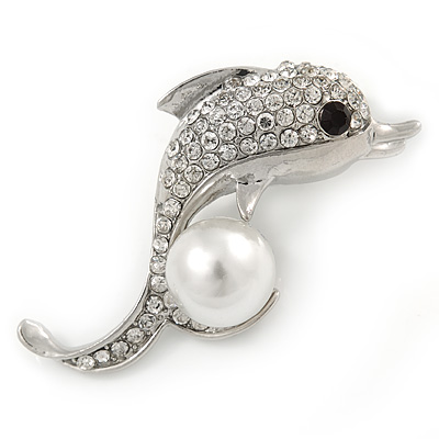 Clear Crystal, White Pearl Dolphin Brooch In Silver Tone Metal - 45mm L