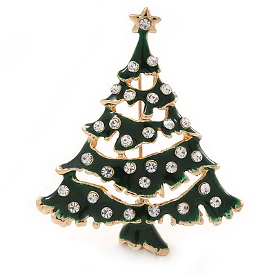 Holly Jolly Clear Crystal Dark Green Enamel Christmas Tree Brooch In Gold Plating - 55mm L - main view