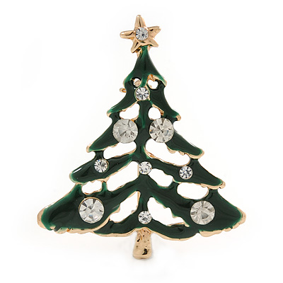 Small Holly Jolly Clear Crystal Dark Green Christmas Tree Brooch In Gold Plating - 45mm L - main view