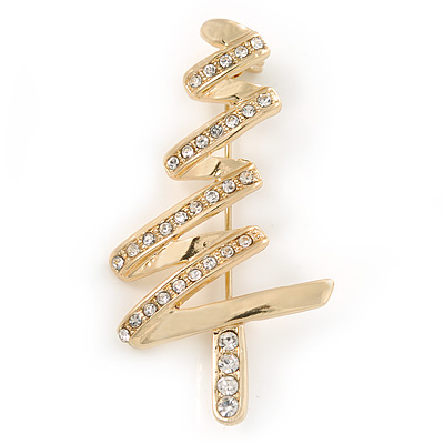 Gold Plated Clear Crystal Christmas Tree Brooch - 50mm L - main view