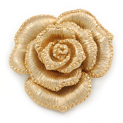 Dimensional Rose Brooch In Brushed Gold Finish - 55mm Across